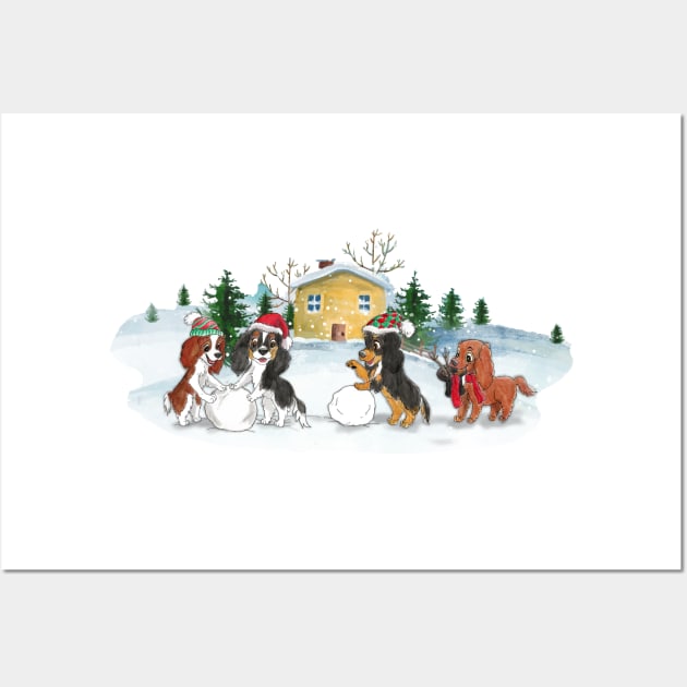 Cavalier King Charles Spaniels in the Snow Building a Snowman Wall Art by Cavalier Gifts